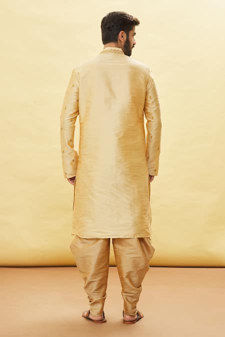 Shop Arihant Rai Sinha Gold Silk Embroidery Botanic Pattern Kurta And Dhoti Pant Set at Aza Fashions Shop_Arihant Rai Sinha_Gold Silk Embroidery Botanic Pattern Kurta And Dhoti Pant Set _at_Aza_Fashions