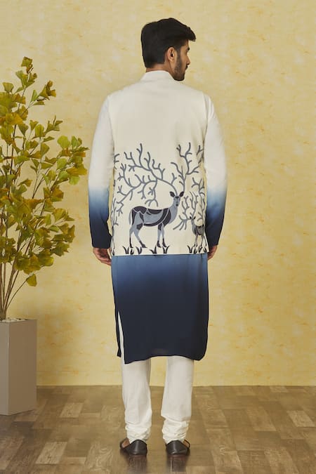 Shop Priyanka Haralalka Off White , Satin Embroidery Deer Bundi Kurta Set at Aza Fashions Shop_Priyanka Haralalka_Off White , Satin Embroidery Deer Bundi Kurta Set _at_Aza_Fashions