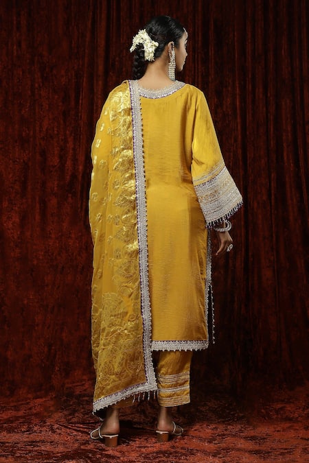 Shop Shikhar Sharma Yellow Silk Chanderi Embroidered Pearl V Neck Kurta Pant Set at Aza Fashions Shop_Shikhar Sharma_Yellow Silk Chanderi Embroidered Pearl V Neck Kurta Pant Set _at_Aza_Fashions