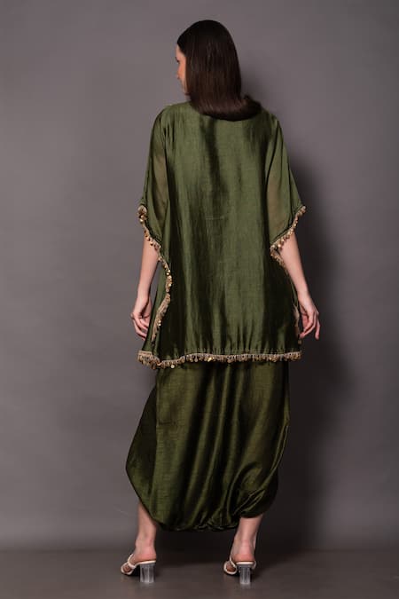 Shop Vara By Vibha N Priti Green , Organza Beads, Hand Embroidered Kaftan Tunic With Dhoti Pant at Aza Fashions Shop_Vara By Vibha N Priti_Green , Organza Beads, Hand Embroidered Kaftan Tunic With Dhoti Pant _at_Aza_Fashions