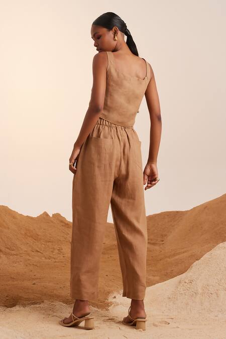 Shop Cord Brown Linen Square Neck Sleeveless Crop Top And Pant Set at Aza Fashions Shop_Cord_Brown Linen Square Neck Sleeveless Crop Top And Pant Set_at_Aza_Fashions