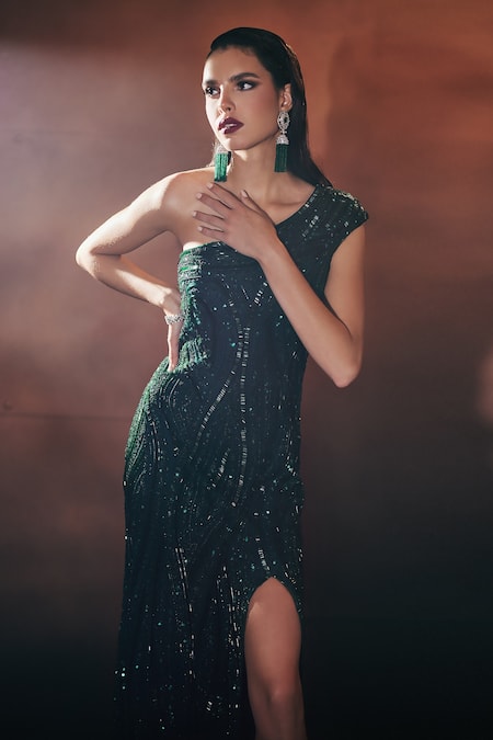 Shop_Bhawna Rao_Emerald Green Silk, Tulle Beads, Sequins, One Shoulder Hand Embroidered Gown _at_Aza_Fashions