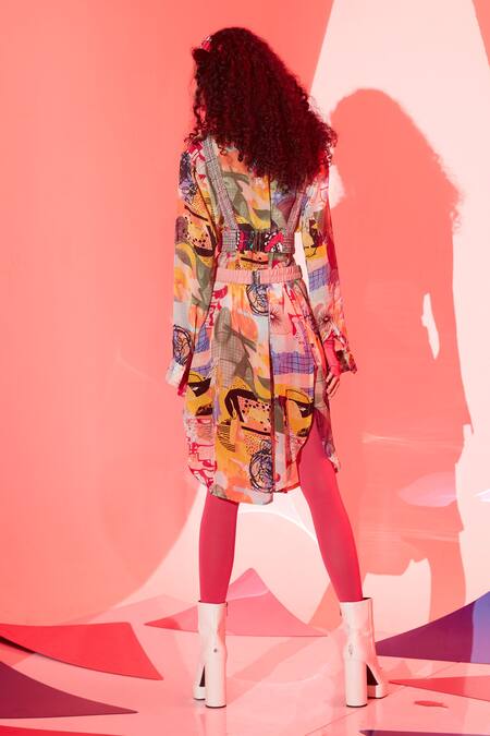 Shop Esha L Amin Multi Color Viscose Crystals Collared Abstract Print Long Shirt at Aza Fashions Shop_Esha L Amin_Multi Color Viscose Crystals Collared Abstract Print Long Shirt _at_Aza_Fashions