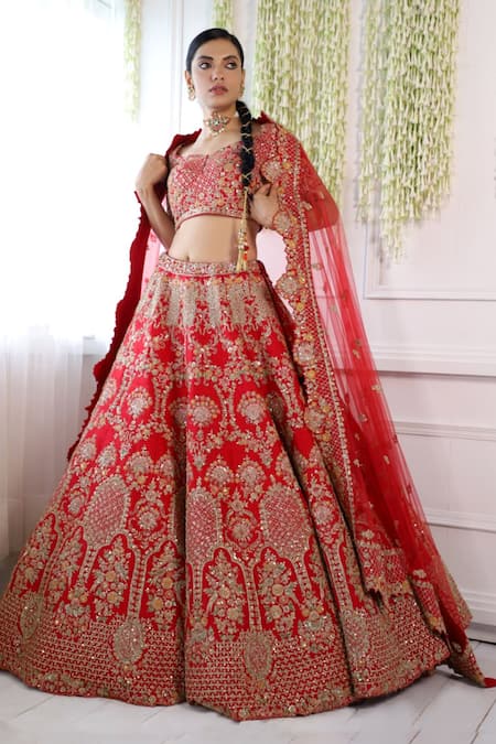 Shop Pallavi Poddar Red Silk, Tulle Zari, Sequins, Embroidery Double Parot Bridal Lehenga Set at Aza Fashions Shop_Pallavi Poddar_Red Silk, Tulle Zari, Sequins, Embroidery Double Parot Bridal Lehenga Set _at_Aza_Fashions