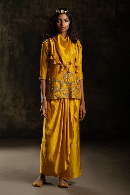 Shop_Mona And Vishu_Yellow Draped Skirt  Satin Linen, Kurta And Scarf Chanderi Silk Beads, Set _at_Aza_Fashions