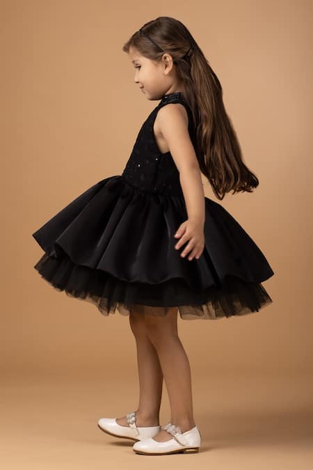 Shop_Darleen Kids Couture_Black Net, Taffeta Sequins, Cut Work Swan Embroidered Bodice Dress _at_Aza_Fashions