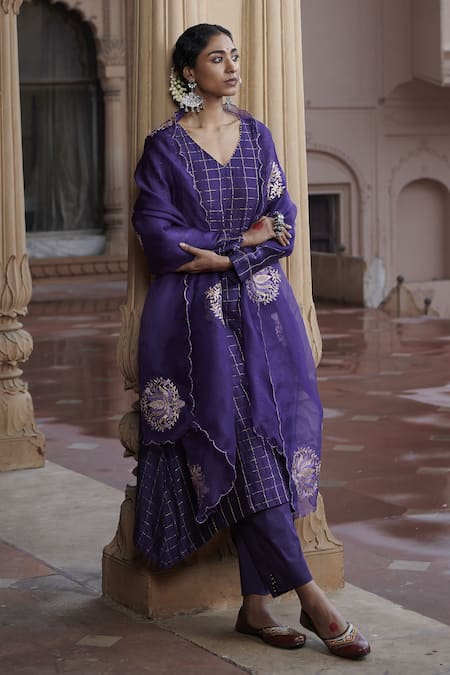 Shop Pink City By Sarika Purple Silk, Organza, Chanderi Embroidery Madras Checks Kurta Set With Dupatta at Aza Fashions Shop_Pink City By Sarika_Purple Silk, Organza, Chanderi Embroidery Madras Checks Kurta Set With Dupatta _at_Aza_Fashions