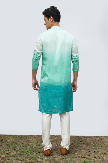 Shop Kaka Calcutta Blue Bamboo, Cotton, Silk Embroidery Ombre Pintucks Kurta Set at Aza Fashions Shop_Kaka Calcutta_Blue Bamboo, Cotton, Silk Embroidery Ombre Pintucks Kurta Set _at_Aza_Fashions