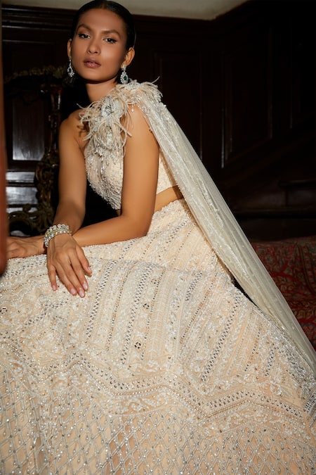 Shop Nadine Dhody Off White Tulle Pearls, Sequins, Crystals, Elode Hand Embroidered Lehenga Set at Aza Fashions Shop_Nadine Dhody_Off White Tulle Pearls, Sequins, Crystals, Elode Hand Embroidered Lehenga Set _at_Aza_Fashions