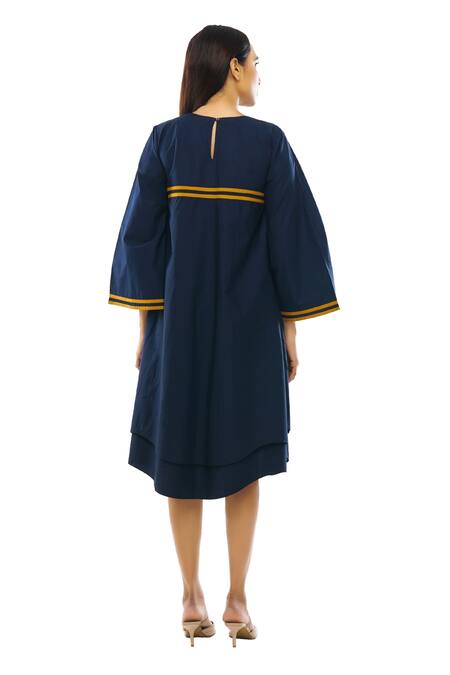 Khat Blue Cotton, Poplin Square Neck Double Layered Flared Dress Online at Aza Fashions Khat_Blue Cotton, Poplin Square Neck Double Layered Flared Dress _Online_at_Aza_Fashions