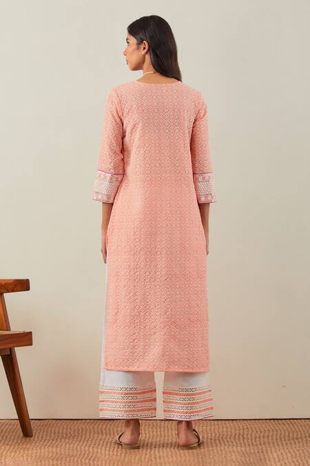 Shop The Indian Cause Peach Cotton Embroidery Chikankari Round Rooh Kurta And Palazzo Set at Aza Fashions Shop_The Indian Cause_Peach Cotton Embroidery Chikankari Round Rooh Kurta And Palazzo Set _at_Aza_Fashions