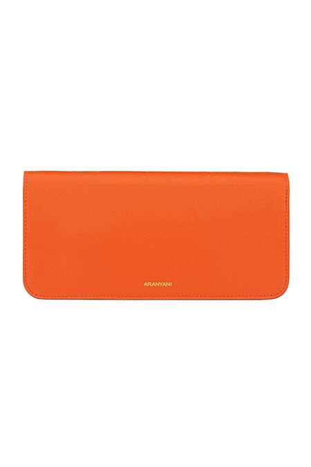Shop Aranyani Orange Glided Champa Flower Gold Pattern The Clutch at Aza Fashions Shop_Aranyani_Orange Glided Champa Flower Gold Pattern The Clutch_at_Aza_Fashions