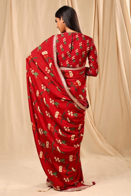 Shop_Masaba_Red Silk, Cotton Tassels, Embroidery Spring Blossom Saree _at_Aza_Fashions