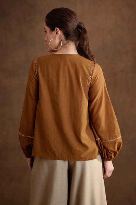 Shop_Nikasha_Brown Cotton, Silk Beads, Tassels Keyhole Neck Applique Embroidered Top _at_Aza_Fashions
