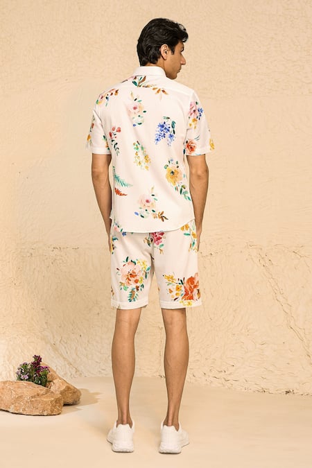 Shop_Chrkha_White Cotton Satin Print Floral Flower Bloom Shirt With Shorts _at_Aza_Fashions