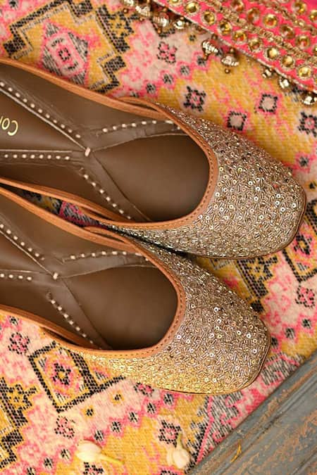 Shop_Coral Haze_Gold Sequin And Bead Work Zuri Embroidered Juttis _at_Aza_Fashions