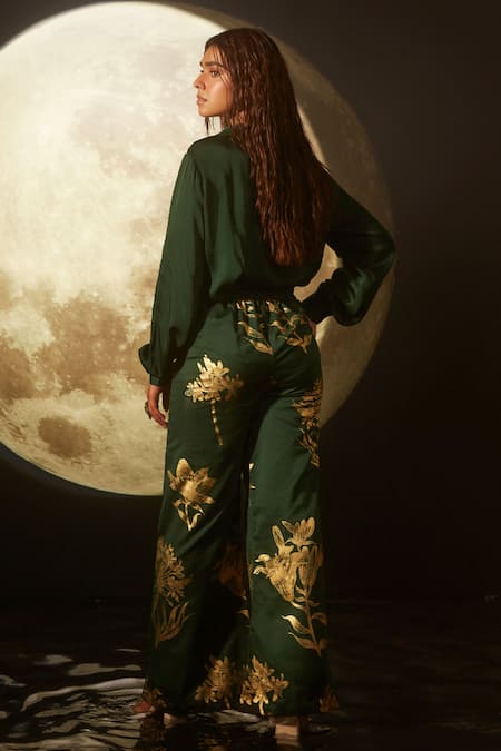 Shop Dohr India Green Modal, Silk, Cotton Foil Printing, Spread Collar Shirt And Pant Set at Aza Fashions Shop_Dohr India_Green Modal, Silk, Cotton Foil Printing, Spread Collar Shirt And Pant Set _at_Aza_Fashions