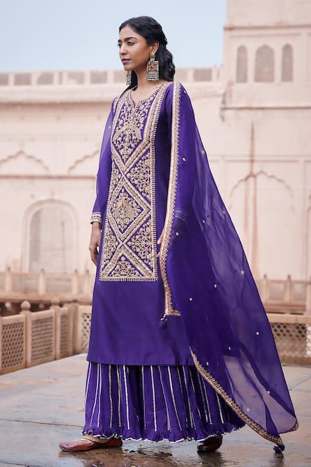 Shop Pink City By Sarika Purple Silk, Cotton, Organza Tassels, Embroidered Mor Pattern Kurta Sharara Set at Aza Fashions Shop_Pink City By Sarika_Purple Silk, Cotton, Organza Tassels, Embroidered Mor Pattern Kurta Sharara Set _at_Aza_Fashions