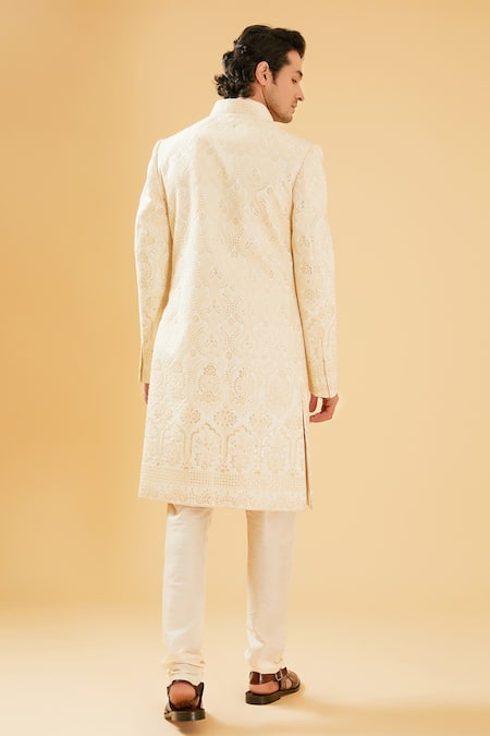 Shop Raghavendra Rathore Blue Off White Silk Sequins Embroidered Achkan at Aza Fashions Shop_Raghavendra Rathore Blue_Off White Silk Sequins Embroidered Achkan _at_Aza_Fashions