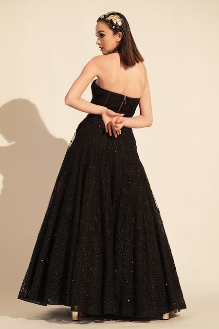 Shop_Nikita Mhaisalkar_Black Tulle Embroidery Bandeau Neck Tube Corset _at_Aza_Fashions