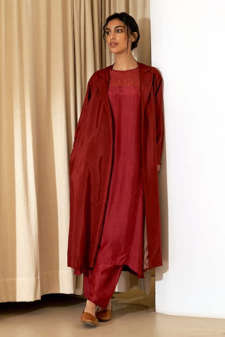 Shop Dot Red , Organza, Satin Embroidery Round Neck Yoke Kurta Pant Set at Aza Fashions Shop_Dot_Red , Organza, Satin Embroidery Round Neck Yoke Kurta Pant Set _at_Aza_Fashions