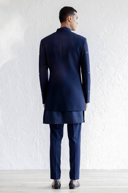 Shop Qbik Blue Jacket Viscose Wool Embroidered Bee And Trouser Set at Aza Fashions Shop_Qbik_Blue Jacket Viscose Wool Embroidered Bee And Trouser Set_at_Aza_Fashions