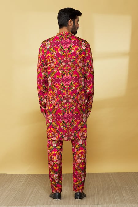 Shop_MR. Ajay Kumar_Pink Silk Printed Floral Kurta And Pant Set  _at_Aza_Fashions