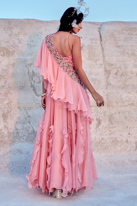 Shop_Nikita Vishakha_Pink Organza, Net, Georgette, Jacquard Zari, Ruffled And Layered Skirt Set _at_Aza_Fashions