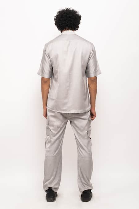 Shop Neora By Nehal Chopra Grey Chinese Collar Plain Shirt at Aza Fashions Shop_Neora By Nehal Chopra_Grey Chinese Collar Plain Shirt _at_Aza_Fashions