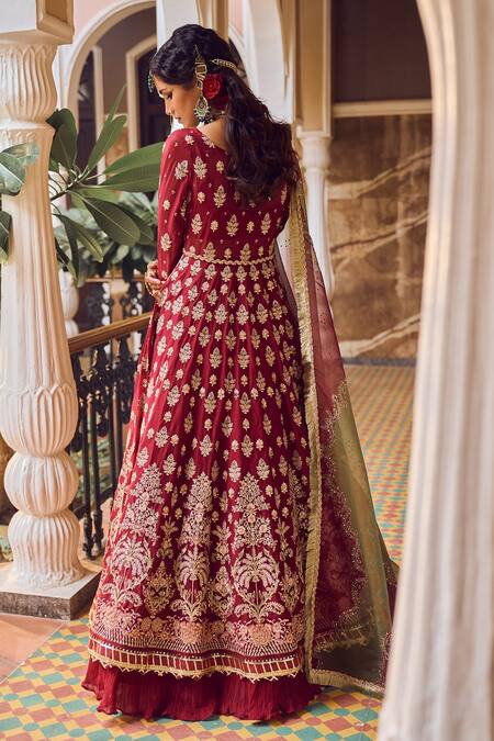 Shop Lashkaraa Maroon Georgette Zari, Sequins, Embroidery, Stones Floral Anarkali Lehenga Set at Aza Fashions Shop_Lashkaraa_Maroon Georgette Zari, Sequins, Embroidery, Stones Floral Anarkali Lehenga Set_at_Aza_Fashions