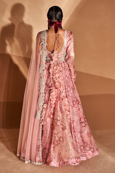 Shop Bhumika Sharma Pink Organza Embroidery V-neck Bahaar Print Anarkali at Aza Fashions Shop_Bhumika Sharma_Pink Organza Embroidery V-neck Bahaar Print Anarkali _at_Aza_Fashions