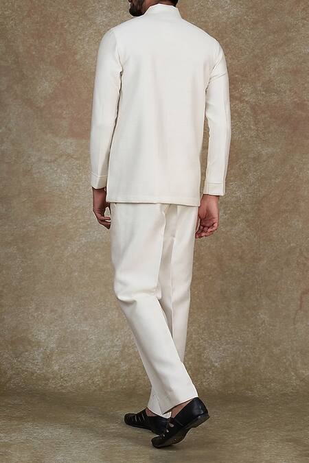 Shop_Sammohan Ceremonial_White Viscose Silk Woven Herringbone Pattern Patch Pocket Jacket And Trouser Set_at_Aza_Fashions