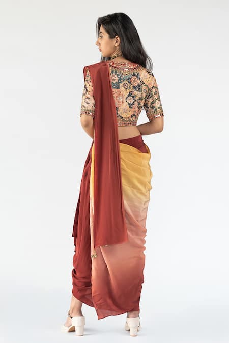 Shop Nikita Vishakha Brown Crepe Mirror, Sequin V Neck Ombre Dyed Cowl Skirt Saree With Blouse at Aza Fashions Shop_Nikita Vishakha_Brown Crepe Mirror, Sequin V Neck Ombre Dyed Cowl Skirt Saree With Blouse_at_Aza_Fashions