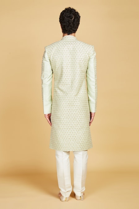 Shop_Amrin Khan_Green Raw Silk Floral Hand Embroidered Tile Sherwani Set _at_Aza_Fashions