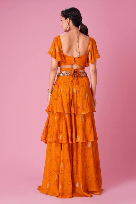 Shop Amani Yellow Crepe, Silk Sequins, Beads Square Neck Ruffle Sleeve Blouse And Skirt Set at Aza Fashions Shop_Amani_Yellow Crepe, Silk Sequins, Beads Square Neck Ruffle Sleeve Blouse And Skirt Set_at_Aza_Fashions