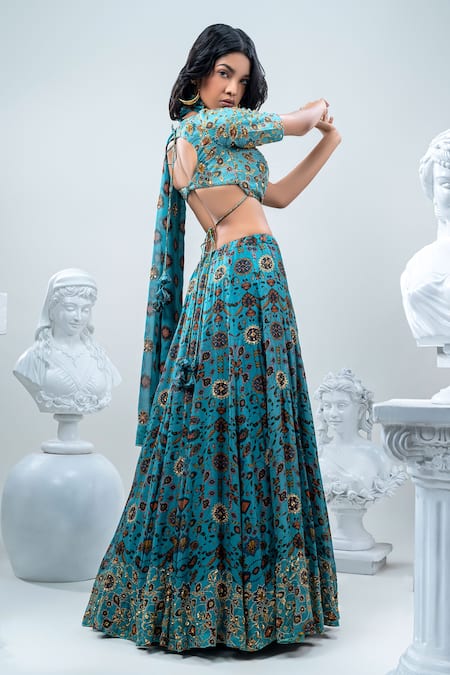 Shop Nautanky Blue Blouse- Viscose Silk, Lehenga And Dupatta- Organza Iznik Print Bridal Set at Aza Fashions Shop_Nautanky_Blue Blouse- Viscose Silk, Lehenga And Dupatta- Organza Iznik Print Bridal Set _at_Aza_Fashions