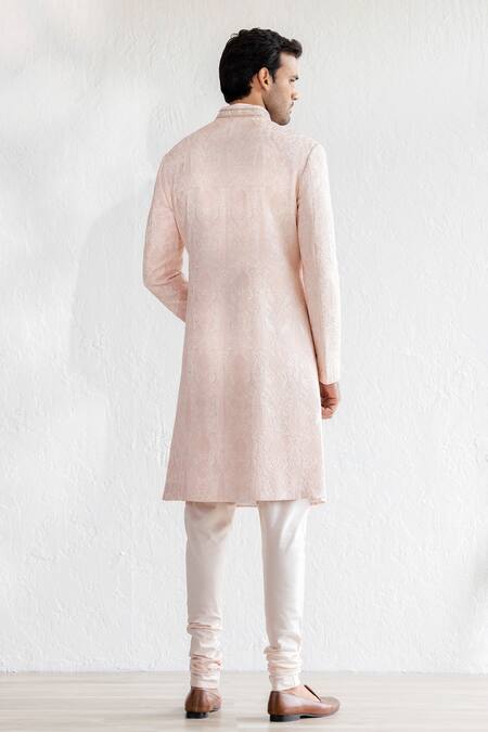Shop Qbik Pink Georgette, , Silk, Satin Embroidery Thread Sherwani Set at Aza Fashions Shop_Qbik_Pink Georgette, , Silk, Satin Embroidery Thread Sherwani Set_at_Aza_Fashions