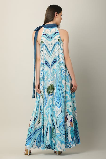 Shop Limerick By Abirr N' Nanki Multi Color Organza, Crepe Halter Neck Inez Statement Print Maxi Dress at Aza Fashions Shop_Limerick By Abirr N' Nanki_Multi Color Organza, Crepe Halter Neck Inez Statement Print Maxi Dress _at_Aza_Fashions