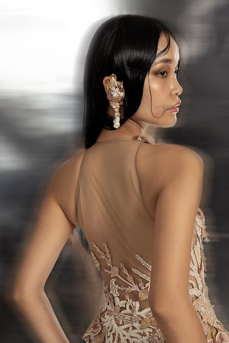 Shop Abhishek Sharma Pink Net, Crepe, Organza Pearls, Sequins, Beads Round Neck Coral Reef Theme Gown at Aza Fashions Shop_Abhishek Sharma_Pink Net, Crepe, Organza Pearls, Sequins, Beads Round Neck Coral Reef Theme Gown _at_Aza_Fashions