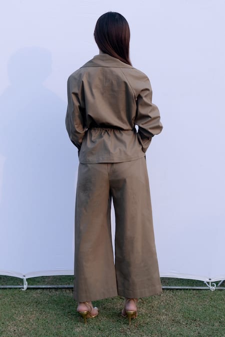 Shop_Kavya Singh Kundu_Beige Cotton Sequins Collared Plain Jacket Top With Pant _at_Aza_Fashions