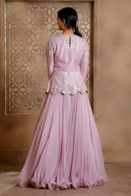 Shop_Omana By Ranjana Bothra_Purple Silk, Viscose Embroidery Round Mina Placement Peplum Top And Skirt Set _at_Aza_Fashions
