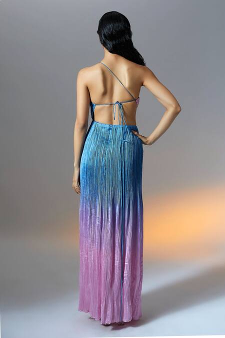 Shop Aroka Blue Modal Satin Hand Ruched One Shoulder Ombre Dyed Dress at Aza Fashions Shop_Aroka_Blue Modal Satin Hand Ruched One Shoulder Ombre Dyed Dress _at_Aza_Fashions