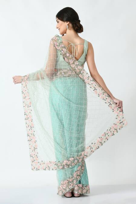 Shop Mehar Green Net Cut Work, Sequins Quatrefoil Hand Embroidered Saree at Aza Fashions Shop_Mehar_Green Net Cut Work, Sequins Quatrefoil Hand Embroidered Saree _at_Aza_Fashions