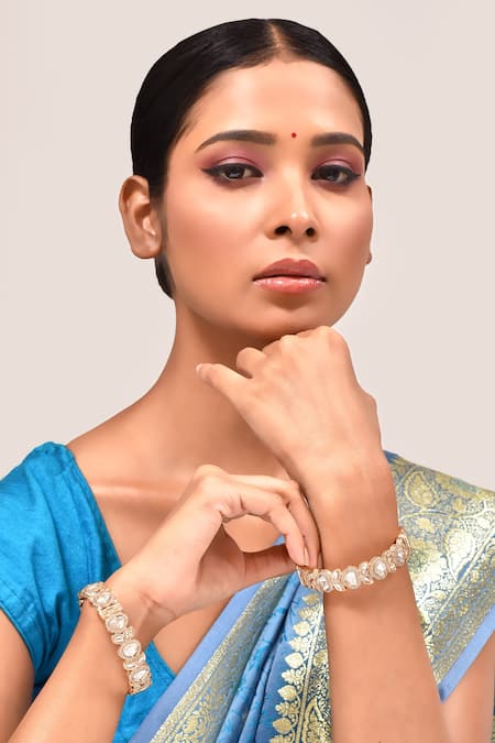 Shop_ZEVAR BY GEETA_Gold Plated Diamonds, Stones Jadau Kundan And Polki Kada - Set Of 2 _at_Aza_Fashions