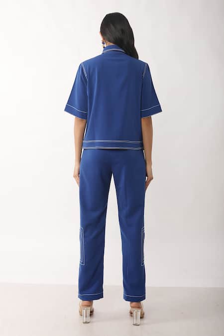 Shop_Veera Wear_Blue Crepe Collared Overlap Cindy Co-ord Set _at_Aza_Fashions
