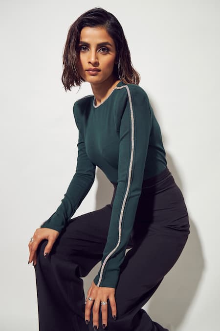 Shop_Sameer Madan_Green Jersey Glitter Round Neck Embellished Bodysuit_at_Aza_Fashions