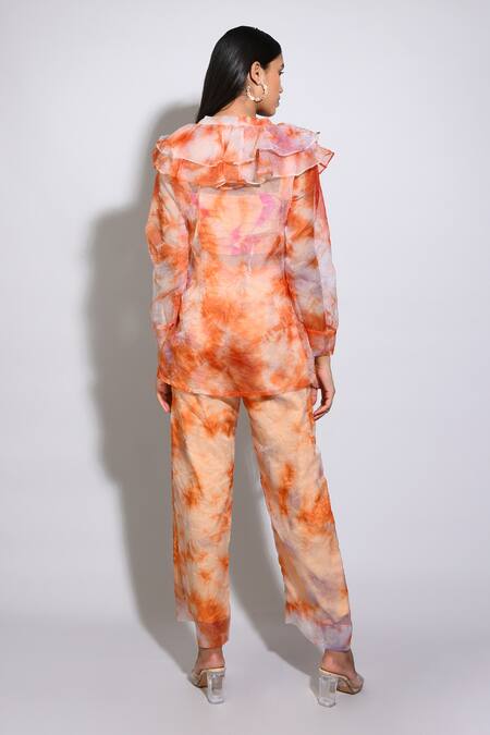 Shop Itara Orange Organza Tie Dye Ruffle Shirt at Aza Fashions Shop_Itara_Orange Organza Tie Dye Ruffle Shirt_at_Aza_Fashions