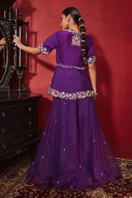 Shop Ajiesh Oberoi Purple Silk, Organza Beads, Sequins Scoop Urvi Embroidered Jacket And Sharara Set at Aza Fashions Shop_Ajiesh Oberoi_Purple Silk, Organza Beads, Sequins Scoop Urvi Embroidered Jacket And Sharara Set _at_Aza_Fashions