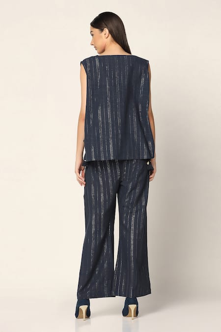 Shop Two Sisters By Gyans Blue Cotton Embroidery V-, Round Bird Jacket And Pant Set at Aza Fashions Shop_Two Sisters By Gyans_Blue Cotton Embroidery V-, Round Bird Jacket And Pant Set _at_Aza_Fashions