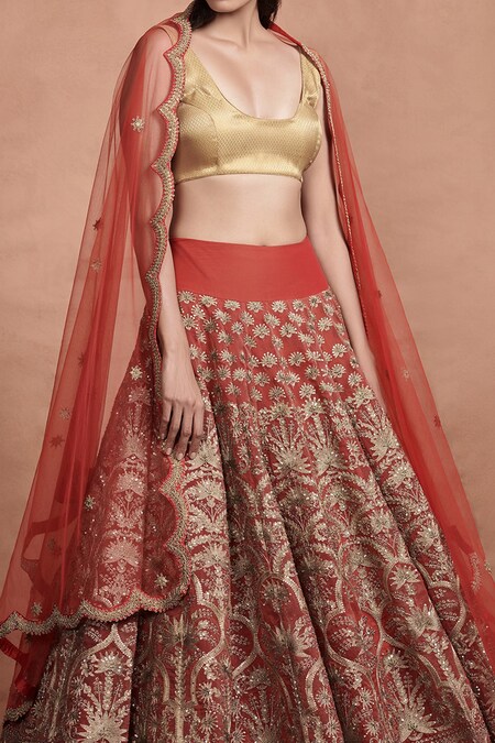 Buy Oldrose Red Embroidered Bridal Lehenga And Blouse Set With Aari Work